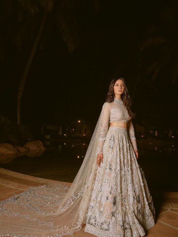  રકુલે પોસ્ટને કેપ્શન આપ્યું હતું કે, "એક સ્વપ્નમય રાત. એક જાદુઈ રાત્રિ માટે સૌથી વધુ જાદુઈ પોશાક બનાવવા બદલ આભાર @falgunipeacock તેજસ્વી ચમકતા તારા જેવું લાગ્યું."