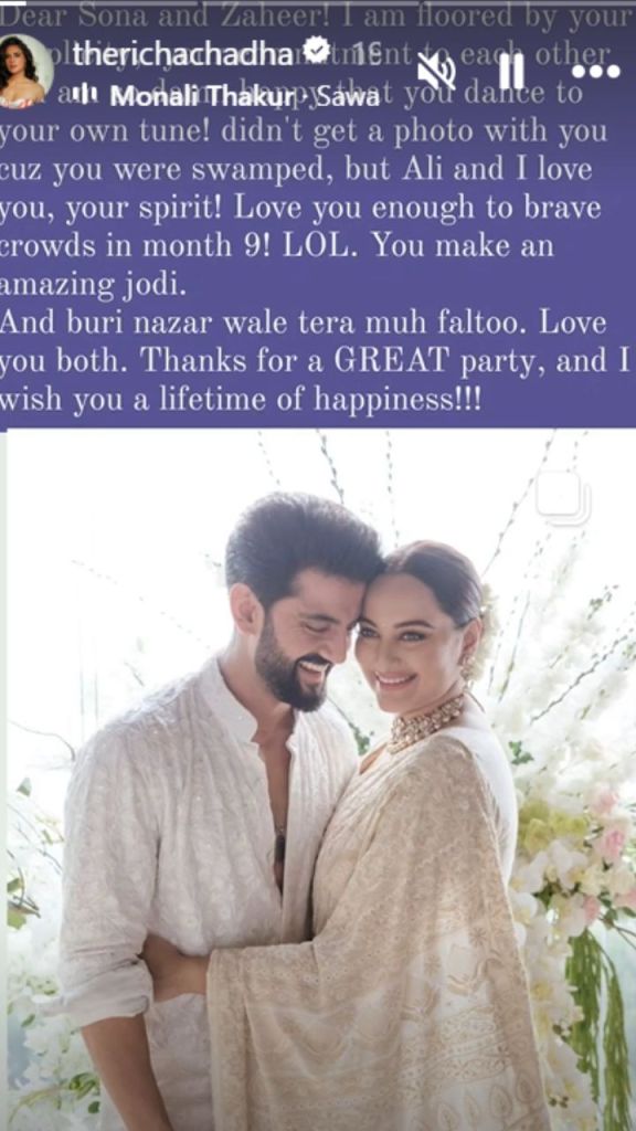 Richa Chadha Post for Sonakshi Wedding