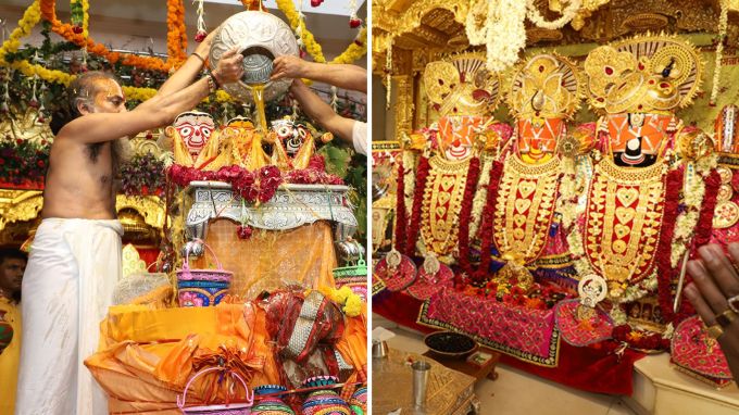 <strong>અમદાવાદ રથયાત્રા - જળ યાત્રા અને નેત્રોત્સવ વિધિ</strong><br>અમદાવાદ રથયાત્રામાં ઘણી ધાર્મિક વિધિ કરવામાં આવે છે. જેમાા જળયાત્રા અને નેત્રોત્સવ વિધિ સૌથી મહત્વપૂર્ણ છે. જેઠ અમાસના દિવસે ભગવાન જગન્નાથજી, બલરામ અને બહેન સુભદ્રાની આંખે બાંધેલા પાટા ખોલવામાં આવે છે, જેને નેત્રોત્સવ વિધિ કહેવાય છે. (Photo: jagannathjiahd.org)