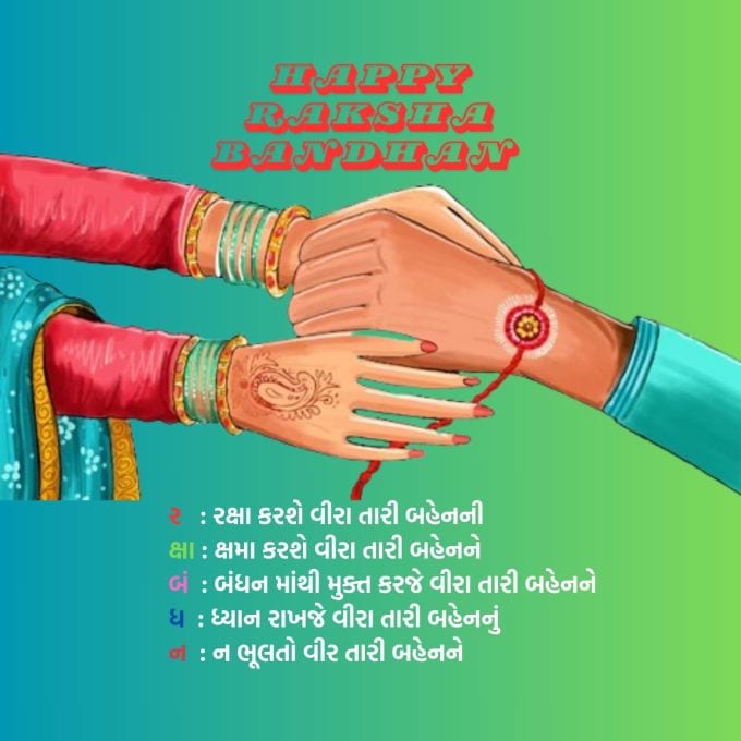 ર : રક્ષા કરશે વીરા તારી બહેનની<br>ક્ષા : ક્ષમા કરશે વીરા તારી બહેનને<br>બં : બંધન માંથી મુક્ત કરજે વીરા તારી બહેનને<br>ધ : ધ્યાન રાખજે વીરા તારી બહેનનું<br>ન : ન ભૂલતો વીર તારી બહેનને<br><strong>Happy Raksha Bandhan</strong>