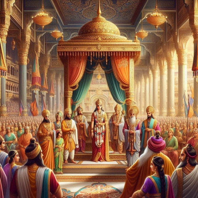 શ્રી કૃષ્ણએ દ્રૌપદીને વચન આપ્યું હતું કે જ્યારે સમય આવશે ત્યારે તે આ સાડીના છેડાનું ઋણ ચૂકવશે. આ વચન અનુસાર જ્યારે ભરી સભામા દ્રૌપદીનું વસ્ત્રાહરણ થઇ રહ્યુ હતુ ત્યારે શ્રી કૃષ્ણએ તેની લાજ બચાવવા હજારો મીટર લાંબી સાડીથી ઢાંકી દીધી હતી. (Photo Source: Bing AI Image Creator)