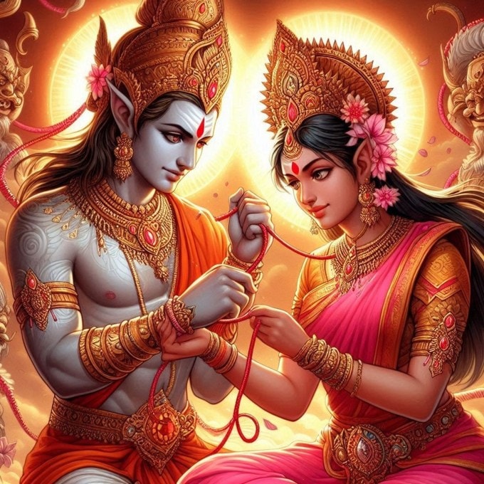 ઘણા વિચાર કર્યા બાદ દેવી શચીએ તપસ્યા શરૂ કરી. તેનાથી એક રક્ષણાત્મક સૂત્ર પ્રાપ્ત થયું. દેવી શચીએ આ રક્ષાસૂત્ર ઈન્દ્રના કાંડા પર બાંધ્યું હતું. યોગાનુયોગ તે દિવસ શ્રાવણ પૂમનમ હતો. (Photo Source: Bing AI Image Creator)
