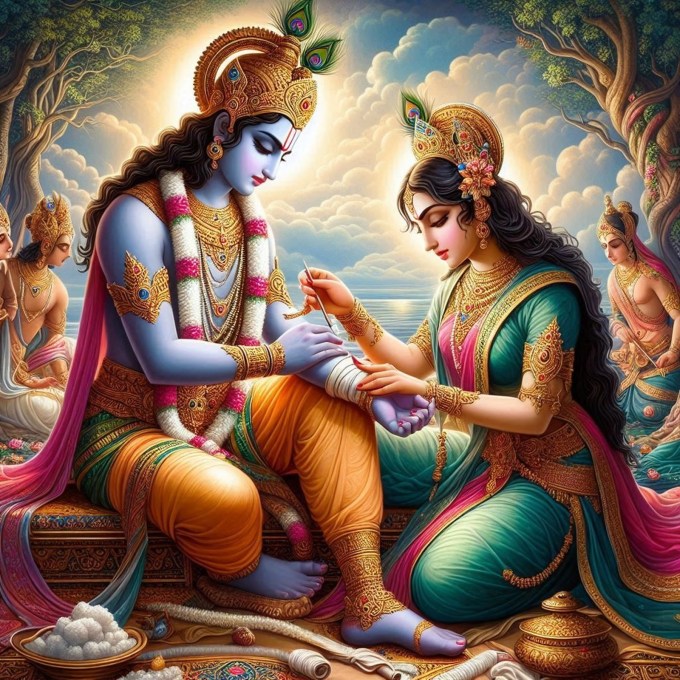 દ્વાપર યુગમાં, જ્યારે ભગવાન શ્રી કૃષ્ણ એ શિશુપાલનો વધ કરવા માટે સુદર્શન ચક્ર ચલાવ્યું હતું, શિશુપાલનો વધ કર્યા બાદ સુદર્શન ચક્ર શ્રી કૃષ્ણની આંગળી પર પાછું આવ્યું. (Photo Source: Bing AI Image Creator)