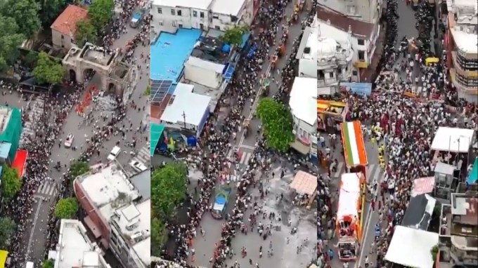 <strong>Ahmedabad Rath Yatra Drone view : </strong>આજે અષાઢી બીજે વહેલી સવારે અમદાવાદમાં ભગવાન શ્રી જગન્નાથની 148મી રથયાત્રા નીકળી રહી છે. રથયાત્રામાં હજારોની સંખ્યામાં લોકો ભાવિકભક્તો જોડાયા છે અને શહેરના કોટ વિસ્તારની તમામ જગ્યાઓ પર જ્યાં જુઓ ત્યાં ભક્તો જગન્નાથની રથયાત્રાને જોવા માટે ટોળેવળી ઉભેલા જોવા મળી રહ્યા છે. (તસવીર: સોશિયલ મીડિયા)