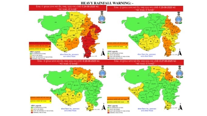 25 જૂનના દિવસે બનાસકાંઠા, પાટણ, મહેસાણા, ગાંધીનગર, ખેડા, અમદાવાદ, આણંદ, પંચમહાલ, દાહોદ, વડોદરા, છોટા ઉદેપુર, નર્મદા, ભરૂચ, સુરત, ડાંગ, નવસારી, વલસાડ, તાપી, દમણ, દાદરા નગર હવેલી, સુરેન્દ્રનગર હવેલી, સુરેન્દ્રનગર, રાજકોટ, તાપી, દમણમાં હળવાથી મધ્યમ વરસાદની સંભાવના છે. અમરેલી, ભાવનગર, મોરબી, દ્વારકા, ગીર સોમનાથ, બોટાદ, કચ્છ અને દીવ જીલ્લામાં મધ્યમથી હળવા વરસાદની આગાહી છે. (તસવીર: IMD)