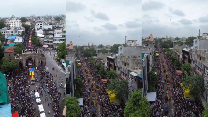 ભગવાન જગન્નાથ, ભાઈ બલભદ્ર અને બહેન સુભદ્રાના રથ સરસપુર, કાલુપુર, શાહપુર સહિત નગરના વિસ્તારમાં ફરી સાંજે નીજ મંદિરે પરત ફરશે. હાલમાં હાથી, ટેબ્લો, અખાડા અને ભજન મંડળીઓ રથયાત્રામાં ખાસ આકર્ષણ જમાવી રહ્યા છે. ત્યાં જ ભક્તો અને સેવકો જય..જય..જય..જય.. જગન્નાથ, તથા જય રણછોડ માખણ ચોર નો નાદ લગાવી ભાવ વિભોર થઈ રહ્યા છે. ભગવાન જગન્નાથજીની રથયાત્રાનો ડ્રોન નજારો પણ સામે આવ્યો છે જેમાં આખા શહેરમાં ભક્તોની ભારે ભીડ દેખાઈ રહી છે. (તસવીર: સોશિયલ મીડિયા)
