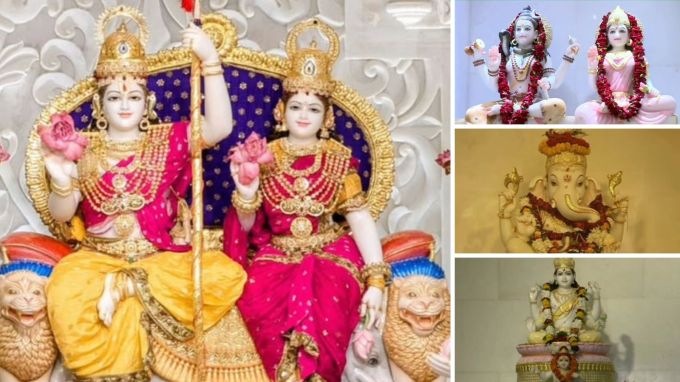 <strong>રામ દરબારની દિવ્ય મૂર્તિ</strong><br>રામ દરબારની ઉંચાઇ કુલ 4.5 ફુટ ઉંચી છે. રામ દરબારમાં ભગવાન રામ અને માતા સીતાની મૂર્તિઓને બે ફૂટ ઊંચા સફેદ આરસપહાણના સિંહાસન પર બિરાજમાન કરવામાં આવી છે. તેમની સાથે ભગવાન હનુમાન અને લક્ષ્મણની મૂર્તિઓને પણ નીચે બિરાજમાન મુદ્રામાં રાખવામાં આવી હતી. તમામ મૂર્તિઓ અને સિંહાસનની કોતરણી રાજસ્થાનના જયપુરમાં સફેદ આરસપહાણમાંથી નાગર શૈલીમાં કરવામાં આવી છે. (Photo: Social Media)