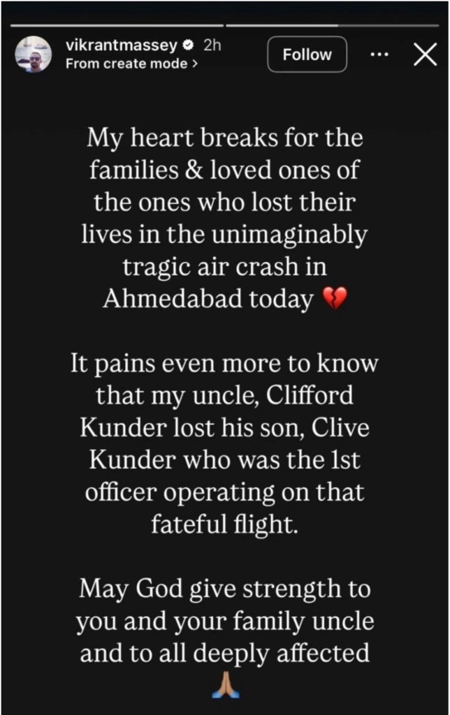vikrant massey, Ahmedabad Plane Crash