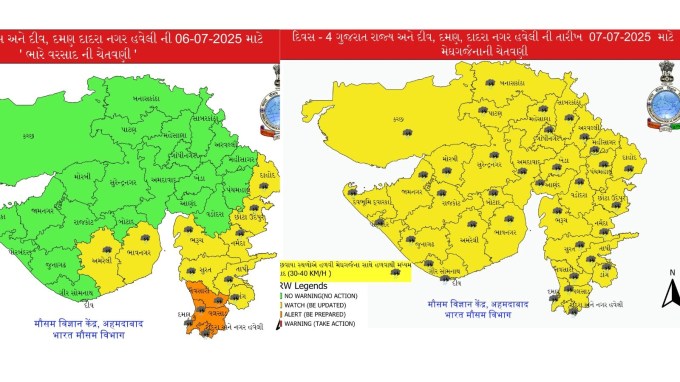 હવામાન વિભાગની આગાહી મુજબ, આગામી 6-7 જુલાઈના રોજ નવસારી અને વલસાડ જિલ્લામાં ઓરેન્જ એલર્ટ અને અમરેલી, ભાવનગર, ભરૂચ, નર્મદા, સુરત, તાપી, છોટા ઉદેપુર, દાહોદ જિલ્લામાં યલો એલર્ટ જાહેર કર્યુ છે. (તસવીર: IMD/X)