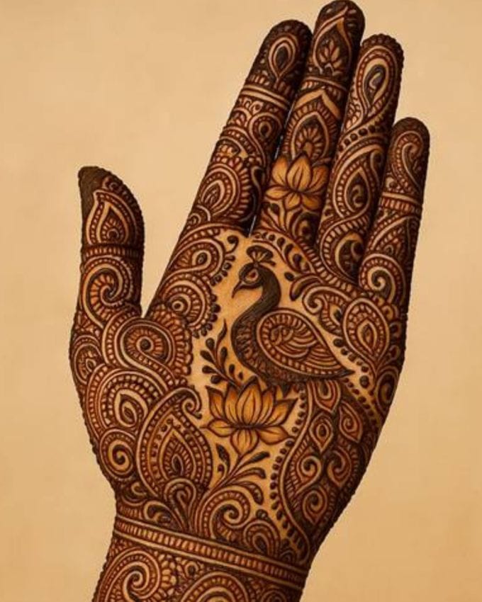 મહેંદી આખા હાથ પર સારી લાગે છે. જો મહિલાઓ શ્રાવણ મહિનામાં આવા ડિઝાઇન પોતાના હાથ પર લગાવે તો તેમની સુંદરતામાં વધારો થશે, આ ખાસ ડિઝાઇનમાં મોર જોવા મળે છે.