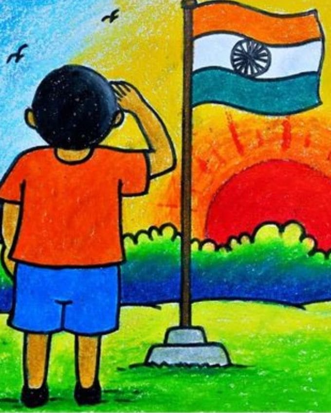બાળકો માટે સરળ અને રંગબેરંગી સ્વતંત્રતા દિવસનું ડ્રોઈંગ : ઇમેજમાં એક છોકરો ત્રિરંગા ઝંડા ફરકાવતા તે સલામી આપી ઉજવણી કરી રહ્યો છે.  (Photo : Pinterest)