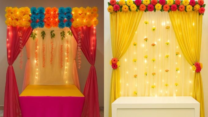 <strong>લાઇટ ડેકોરેશન</strong><br>ગણેશ ચતુર્થી પર ડેકોરેશન માટે રંગબેરંગી લાઇડ વડે પણ ઘરેને સજાવી શકાય છે. આજકાલ બજારમાં રંગબેરંગી લાઇટિંગ, લેમ્પ, ઝુંમર મળે છે, તેના વડે સરળતાથી ઘર ડેકોરેશન કરી શકાય છે. ગણેશજીની સ્થાપના કરવાની છે, તેની પાછળ અને બંને બાજુ, ઘરના મુખ્ય દરવાજા પર લાઇટ ડેકોરેશન કરવાનથી તમારું ઘર તારાની જેમ ઝગમગી ઉઠશે. આ લાઇટનો ઉપયોગ નવરાત્રી અને દિવાળી પણ ઘર સુશોભિત કરવા માટે કરી શકાય છે. (Photo: @jolevents.in)