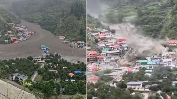 <strong>Uttarakhand Uttarkashi Cloudburst News </strong>: ઉત્તરાખંડના ઉત્તરકાશીમાં વાદળ ફાટવાથી એક મોટી દુર્ઘટના સામે આવી છે. મંગળવારે ગંગોત્રી ધામ અને મુખવા નજીક આવેલા ધરાલી ગામમાં વાદળ ફાટવાથી ઘણા ઘરો સંપૂર્ણપણે નાશ પામ્યા છે. પાણી સાથે કાટમાળ પણ આવ્યો છે, જેમાં ઘણા લોકો દટાયા હોવાની આશંકા છે. (તસવીર - સોશિયલ મીડિયા)