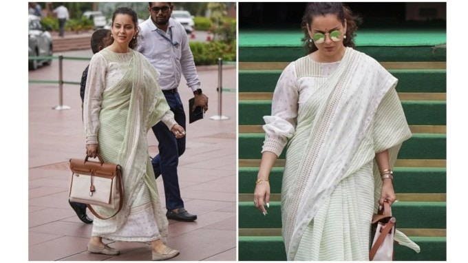 આ દરમિયાન કંગના રનૌત કોટન સાડીમાં ખૂબ જ સુંદર દેખાતી હતી. તેણીએ ડિઝાઇનર બ્લાઉઝને સાદી સાડી સાથે મેચ કર્યો હતો. (Photo: Kangana Updates/X)