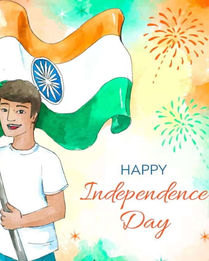 <strong>સરળ છતાં આકર્ષક સ્વતંત્રતા દિવસ ડ્રોઈંગ આડિયાઝ : </strong>આ ઇમેજમાં છોકરાના હાથમાં ભારતનો ઝંડો રાખ્યો છે, અને લહેરાવતો જોવા મળે છે તેના ફેસ પર આલવું સ્મિત છે અને પોસ્ટમાં નીચેની સાઈડમાં હેપ્પી ઇન્ડિપેન્ડન્સ ડે લખેલું છે.