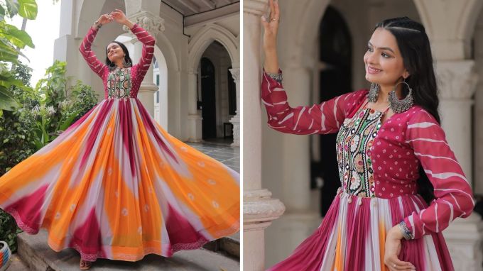 <strong>Navratri 2025 Fashion Trends</strong><br>જો તમને ચણિયાચોળી કે વેસ્ટર્ન આઉટફિ પસંદ ન હોય તો આ અનારકલી સ્ટાઇલમાં લોંગ ફ્રોક ટ્રાય કરી શકાય છે. આ ફ્રોક વાઇબ્રન્ટ કલરની બ્રાંધણી કાપડ માંથી બનેલા છે. ફ્રોકના ઉપરના ભાગમાં કચ્છી વર્ક પીચ છે. તો શિફોન ફેબ્રિકની લોંગ સ્લીવ પહેરનારને સહજ અનુભવ કરાવે છે. (Photo: radha.fashion.__)
