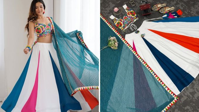 <strong>Navratri 2025 Fashion Trends</strong><br>હાલ ઘેર વાળા ચણિયાની ફેશન છે. આ ચણિયામાં સફેદ કળી સાથે મલ્ટિ કલરના ફ્રેબ્રિકની કળી છે. કચ્છી વર્કના બ્લાઉઝ સાથે સિફોનનો દુપટ્ટો ટ્રેડિશનલ સાથે ફેશનેબલ લુક આપે છે. (Photo: radha.fashion.__)