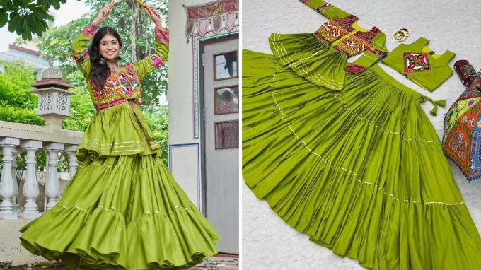 <strong>Navratri 2025 Fashion Trends</strong><br>આ વખત નવરાત્રીમાં ચણિયા સાથે કેડિયાનું ફ્યુઝન જબરદસ્ત લાગે છે. આ ફ્યુઝન ટ્રેડિશનલ ડ્રેસમાં 3 પીસ છે, જેમા સ્લીવલેસ સાદો બ્લાઉઝ, સાદો ચણિયો અને કેડિયું છે. નવરાત્રીમાં આ ટ્રેડિશનલ ડ્રેસ પહેર્યા બાદ સૌથી હટકે દેખાશો. (Photo: radha.fashion.__)