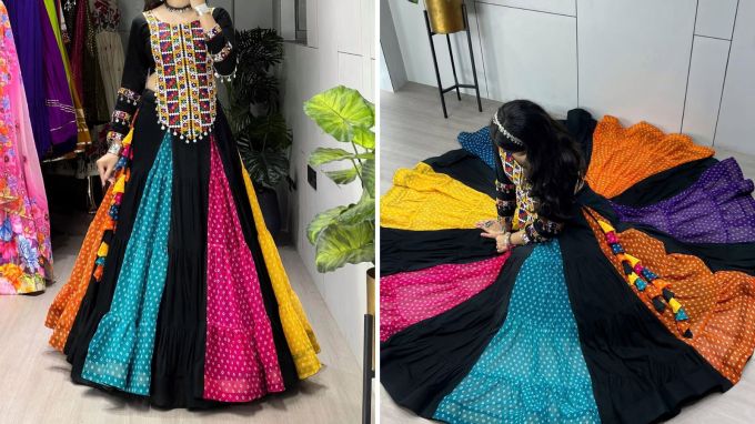 <strong>Navratri 2025 Fashion Trends</strong><br>જેમને બ્લેક કલર ગમે છે તેમના માટે આ નવરાત્રીમાં પહેરવા માટે ટ્રેડિશનલ ડ્રેસ પરફેક્ટ છે. 14 કળીના બ્લેક અને મલ્ટી કલરનો ચણિયો જોરદાર લાગે છે. તો કચ્છી વર્ક અને મોતી વર્કથી સુંદર કાઠિયાવાડી કાપડું તમારી સુંદરતામાં ચાર ચાંદ ઉમેરે છે. આ ચણિયાચોળી સાથે તમારે દુપટ્ટો કે ઓઢણીની જરૂર પડતી નથી. (Photo: radha.fashion.__)