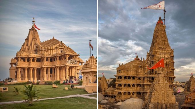 <strong>Somnath Dwarka : સોમનાથ દ્વારકા</strong><br>ગુજરાતમાં દ્વારકા સોમનાથ પ્રસિદ્ધ યાત્રાધામ છે. સોમનાથમાં ભગવાન શંકરનું પ્રથમ જ્યોતિર્લિંગ મંદિર અને દ્વારકામાં કૃષ્ણ ભગવાનનું મંદિર છે. દ્વારકા અને સોમનાથ વચ્ચે 237 કિમીનું અંતર છે. પ્રવાસી તેમની અનુકુળતા વચ્ચે એક રાઉન્ડમાં બંને મંદિરોના દર્શન કરી શકે છે. દ્વારકા જાઓ તો શિવરાજપુર બીચની મુલાકાત અચૂક લેવી. (Photo: Gujarat Tourism)